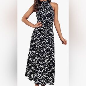 Women’s Halter Long Polka Dot Dress - Navy/White - Size Large